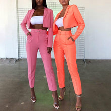 Load image into Gallery viewer, Neon Fashion Suit Autumn New Women Set Chic Streetwear with Belt Short Blazer Coat High Waist Pants Women Two Piece Outfits