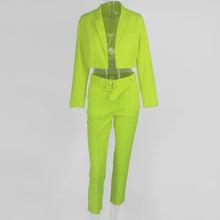 Load image into Gallery viewer, Neon Fashion Suit Autumn New Women Set Chic Streetwear with Belt Short Blazer Coat High Waist Pants Women Two Piece Outfits